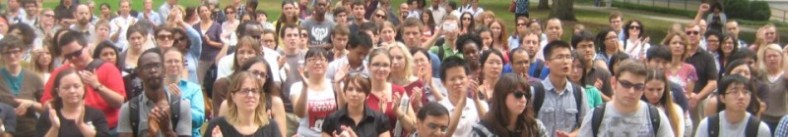 Emory community members gather to speak out against departmental cuts. Fall 2012